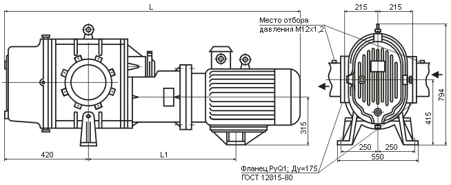 Габаритные и монтажные размеры компрессоров серии 32ВФ с горизонтальной подачей воздуха
